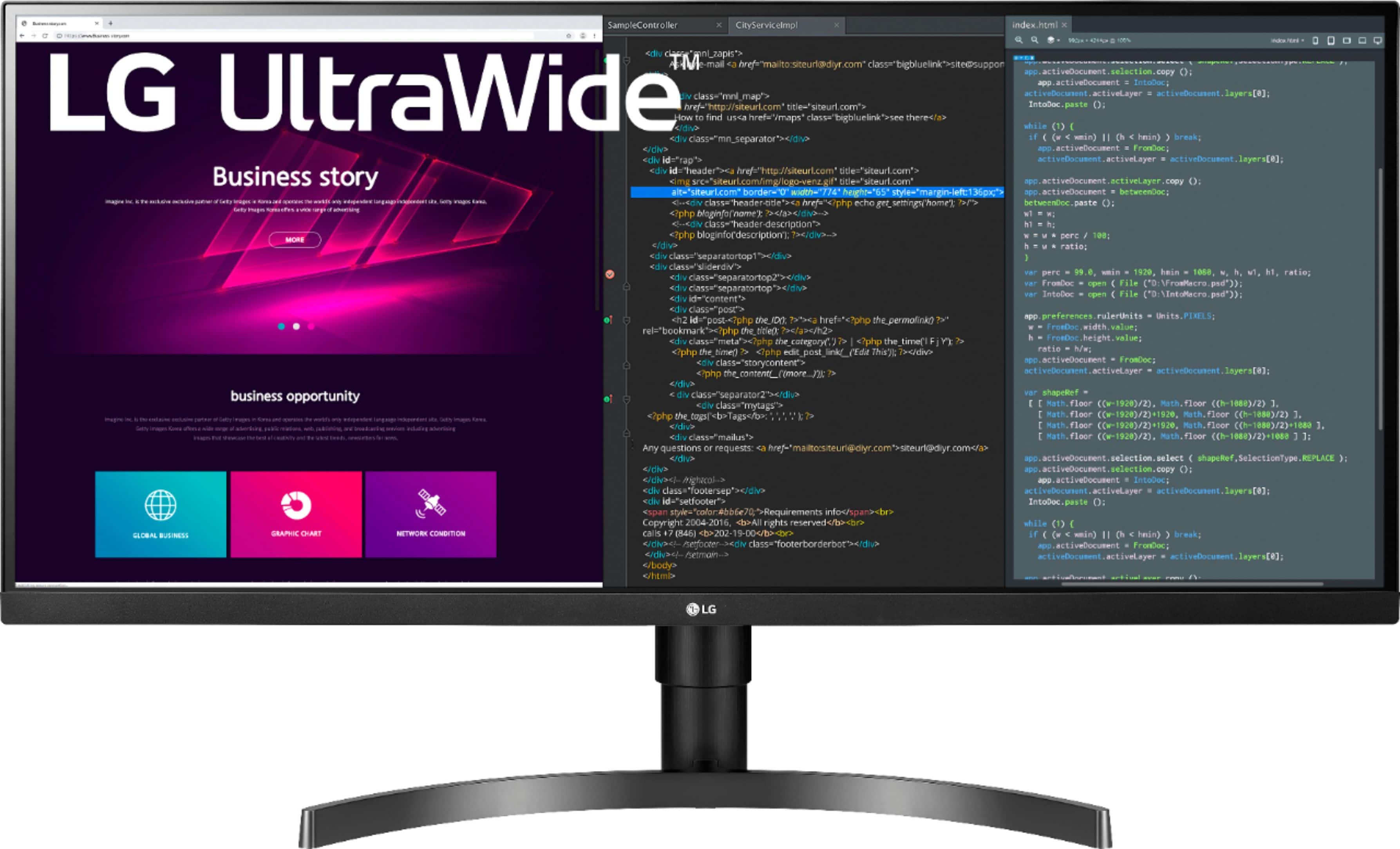 LG 34-inch UltraWide monitor displaying a vibrant gaming scene