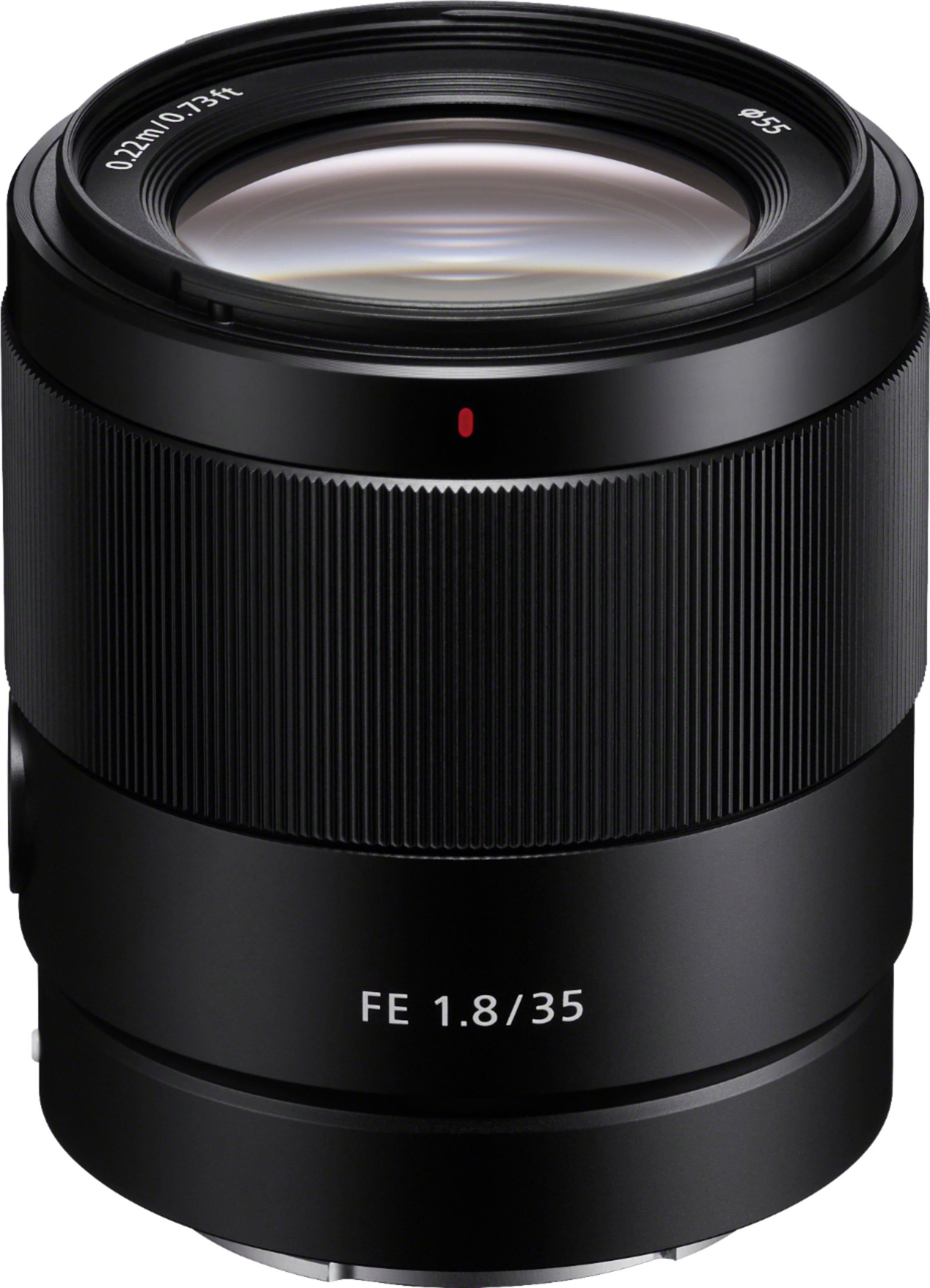 Sony 35mm f1.8 FE lens mounted on a camera in a studio setting