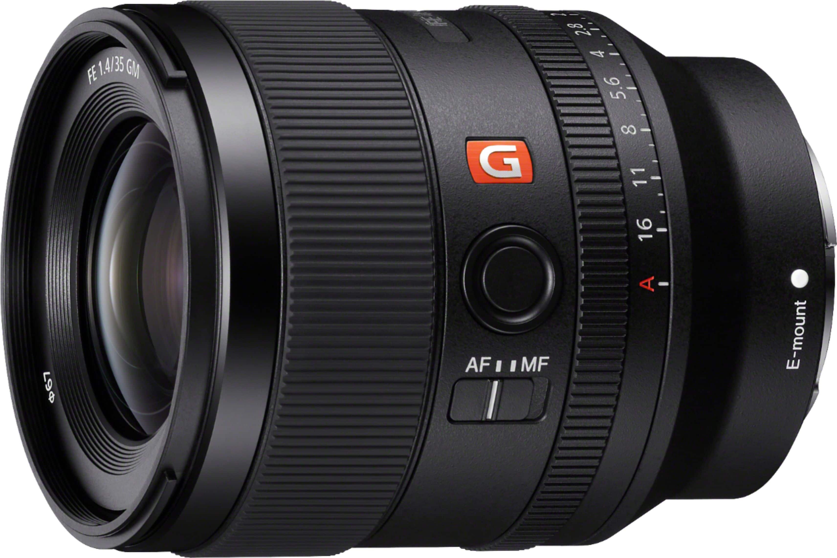 Sony Alpha 35mm F1.4 GM lens mounted on a camera in a studio setting
