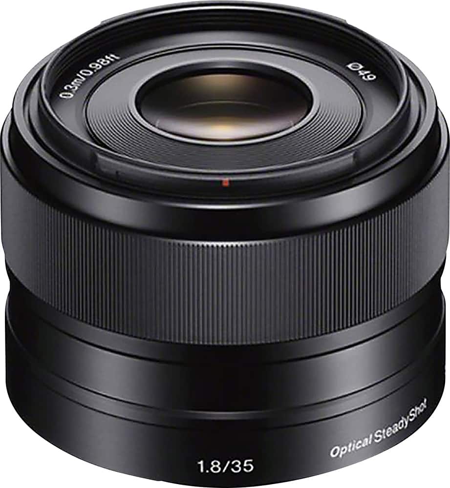 Sony 35mm f1.8 lens mounted on a NEX camera in a studio setting
