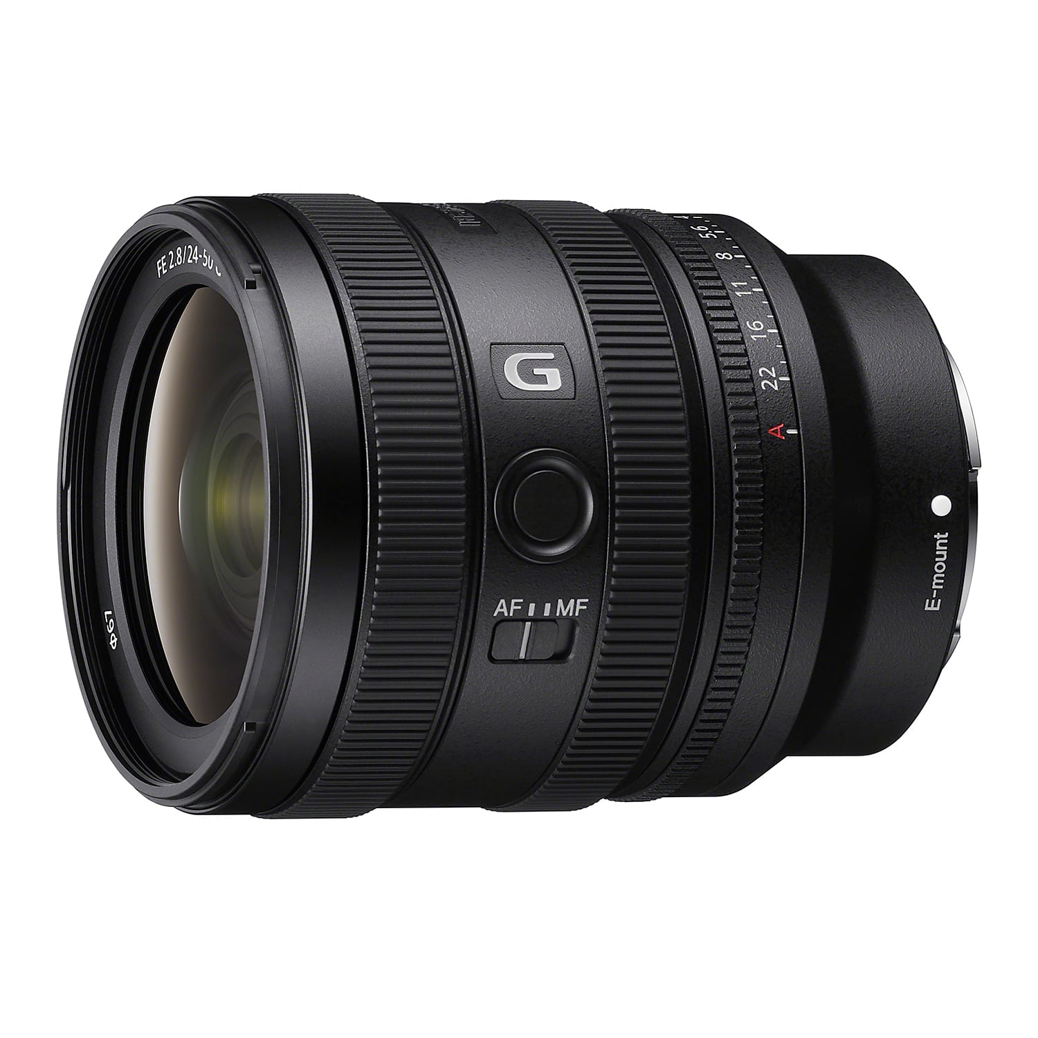 Sony FE 24-50mm F2.8 G lens mounted on a Sony camera in a studio setting