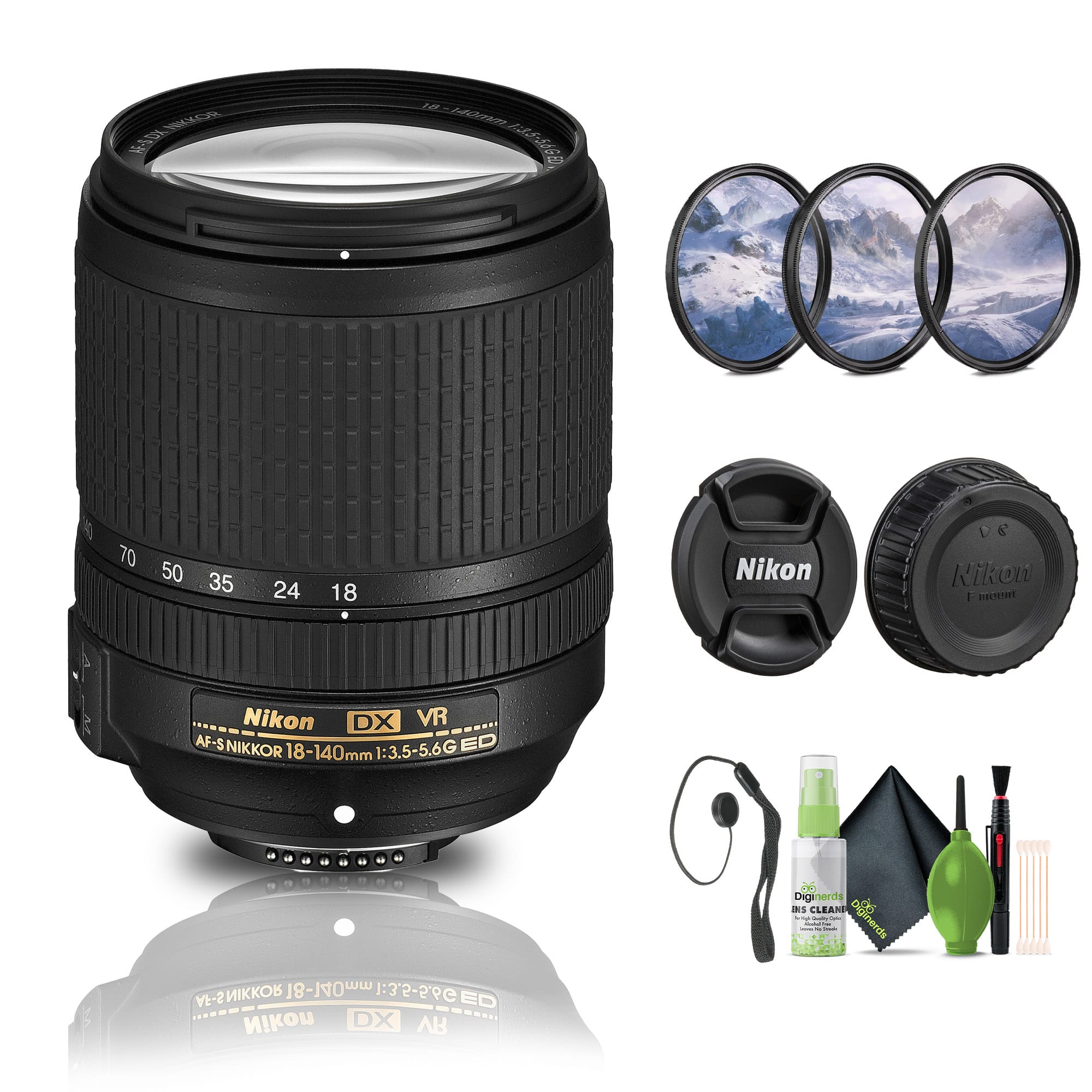 Nikon 18-140mm lens mounted on a DSLR camera showcasing its sleek design