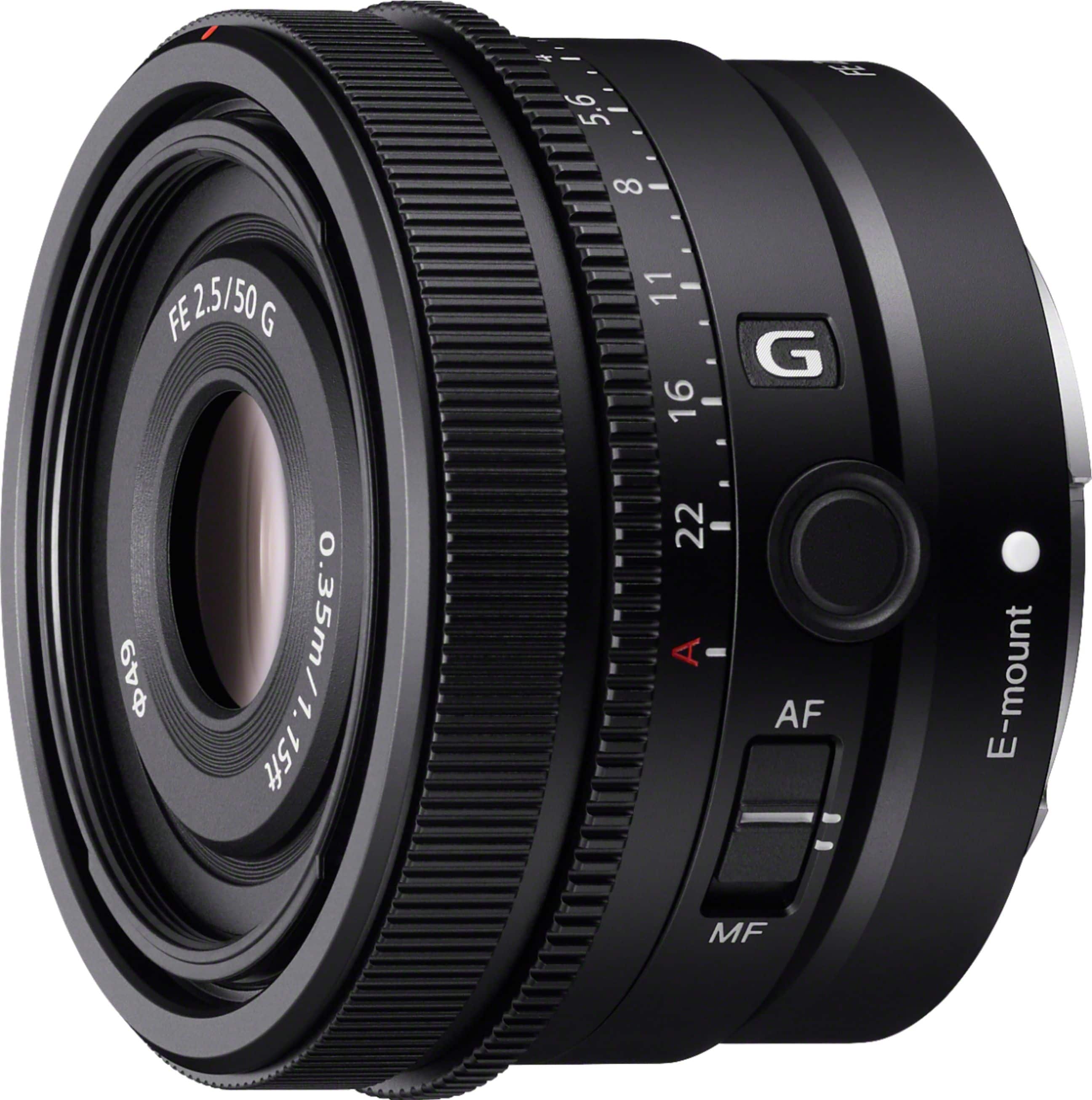 Sony FE 50mm F2.5 G lens mounted on a Sony Alpha camera in a studio setting