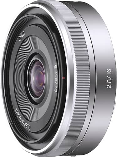 Sony 16mm f2.8 wide-angle lens mounted on a camera in a scenic outdoor setting