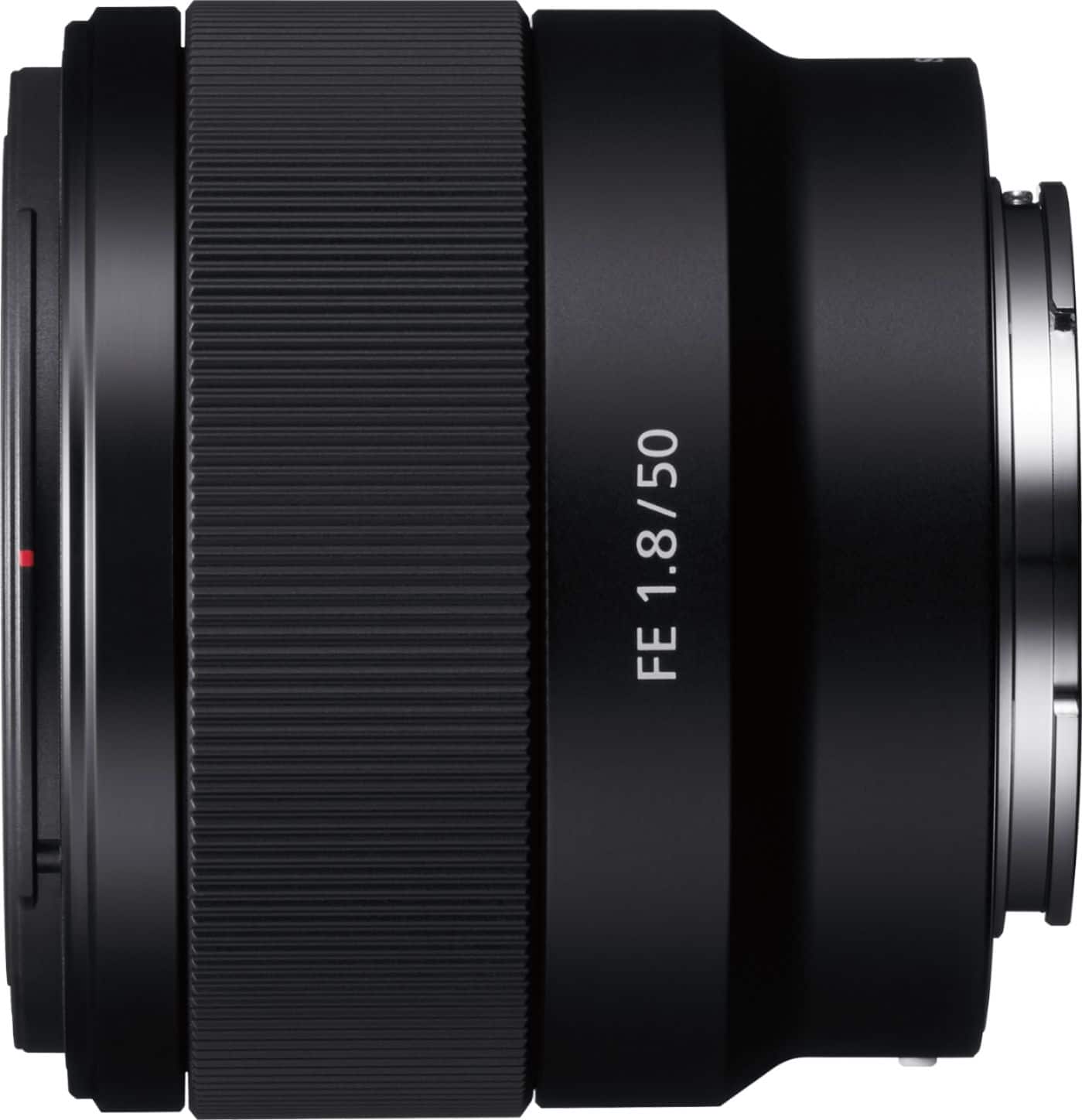 Sony FE 50mm f/1.8 lens mounted on a camera in a studio setting